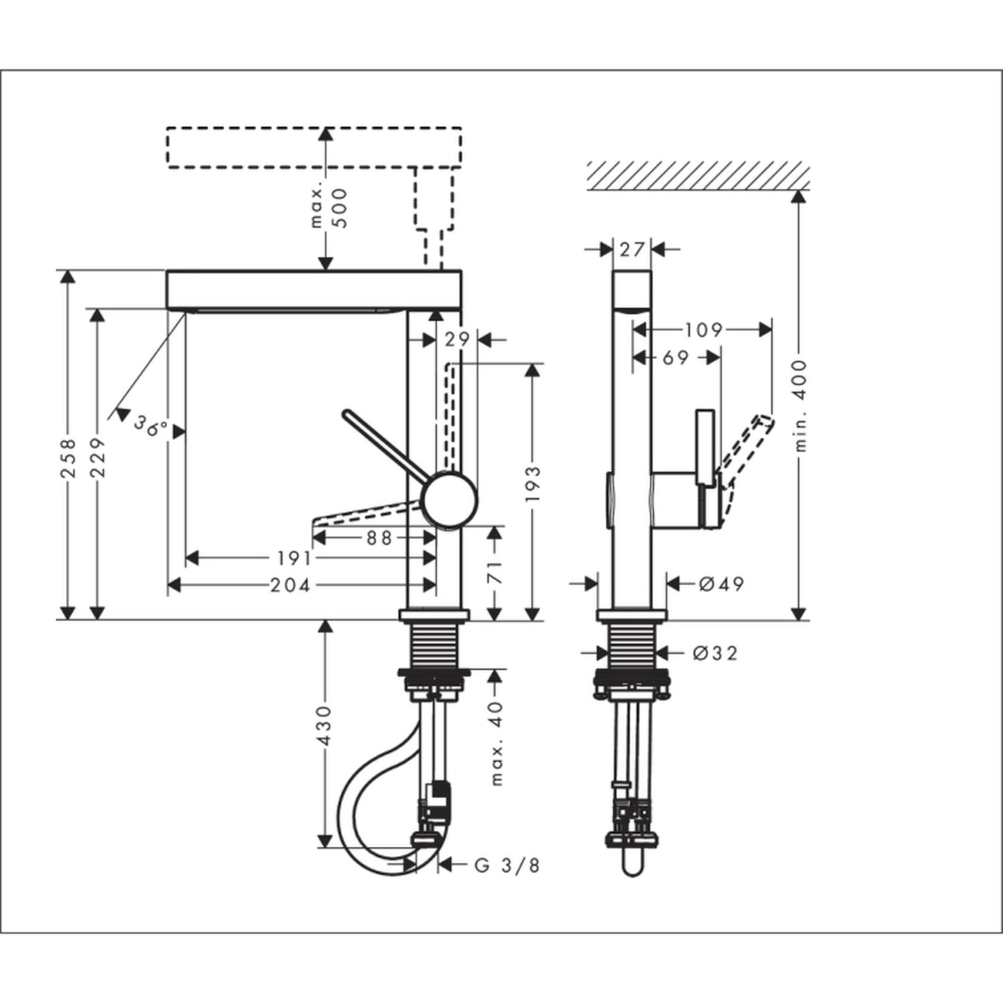 hansgrohe Finoris 浴室單把手面盆龍頭 230 附抽拉式噴頭 (2Jet) 及 Push-Open 落水器 Single-Lever Basin Mixer 230 with Pull-Out Spray (2Jet) and Push-Open Waste technical drawing 76063000