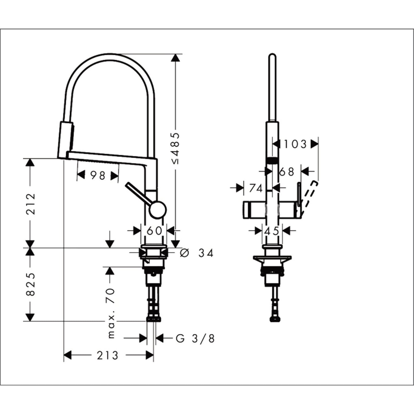 hansgrohe Talis Select M54 單把手廚房龍頭 210 PowderSpray 半專業廚房龍頭 Single Lever Kitchen Mixer 210, PowderSpray, 3jet technical drawing 72861800