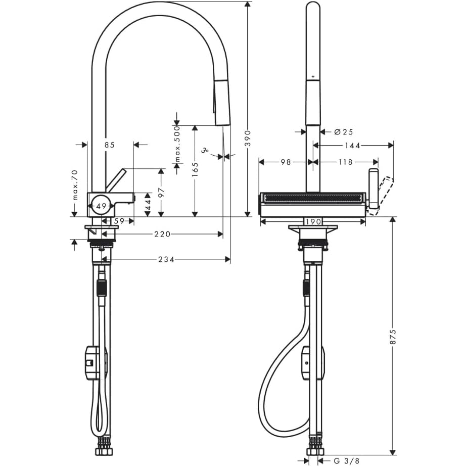 Aquno Select M81 單把手廚房龍頭 170，帶抽拉出水嘴，三種出水模式 Single Lever Kitchen Mixer 170, pull-out spray, 3jet, with or without sBox