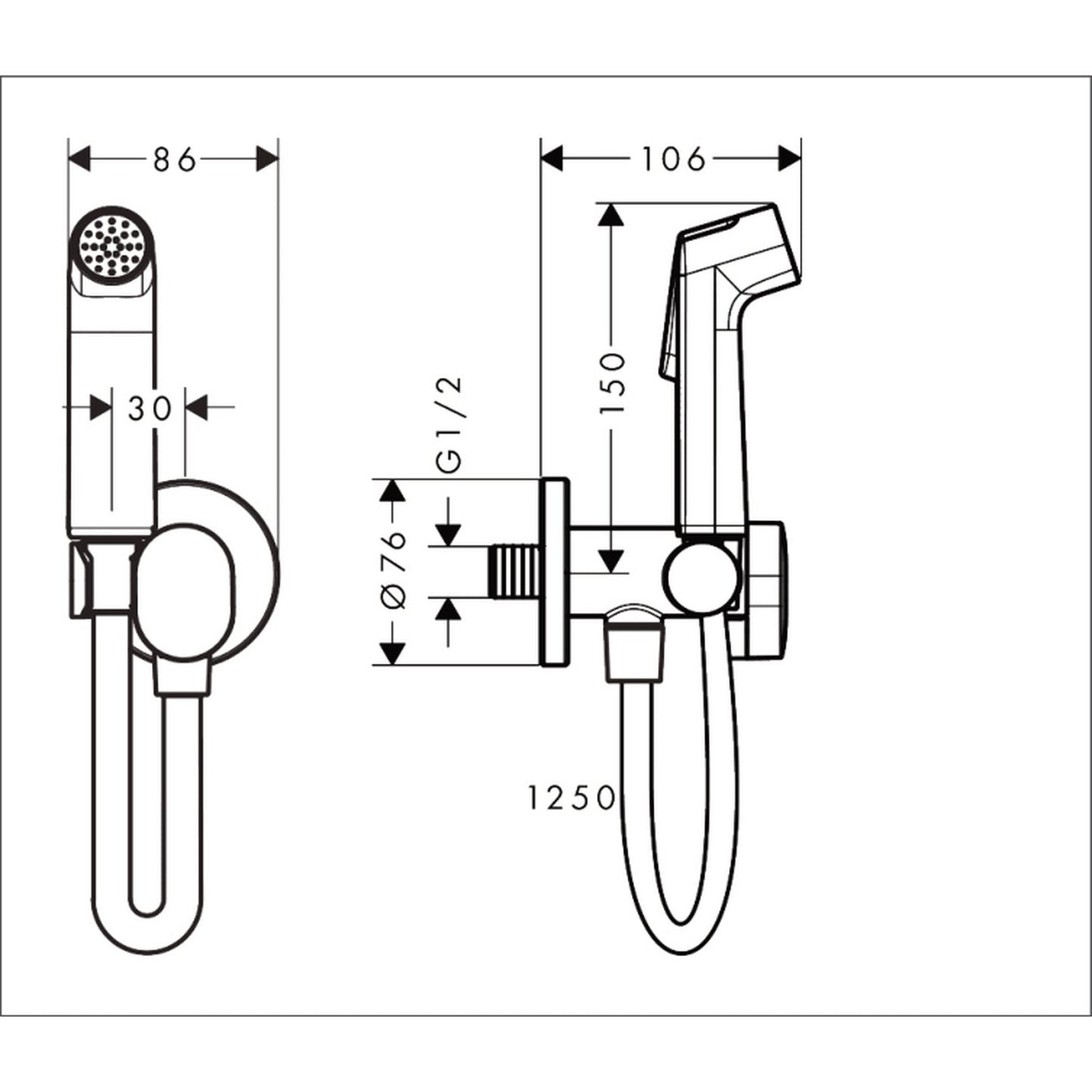 hansgrohe Bidette S 潔身噴槍套裝 Bidet Hand Shower Set with Shut-Off Valve & Hose technical drawing 29230000