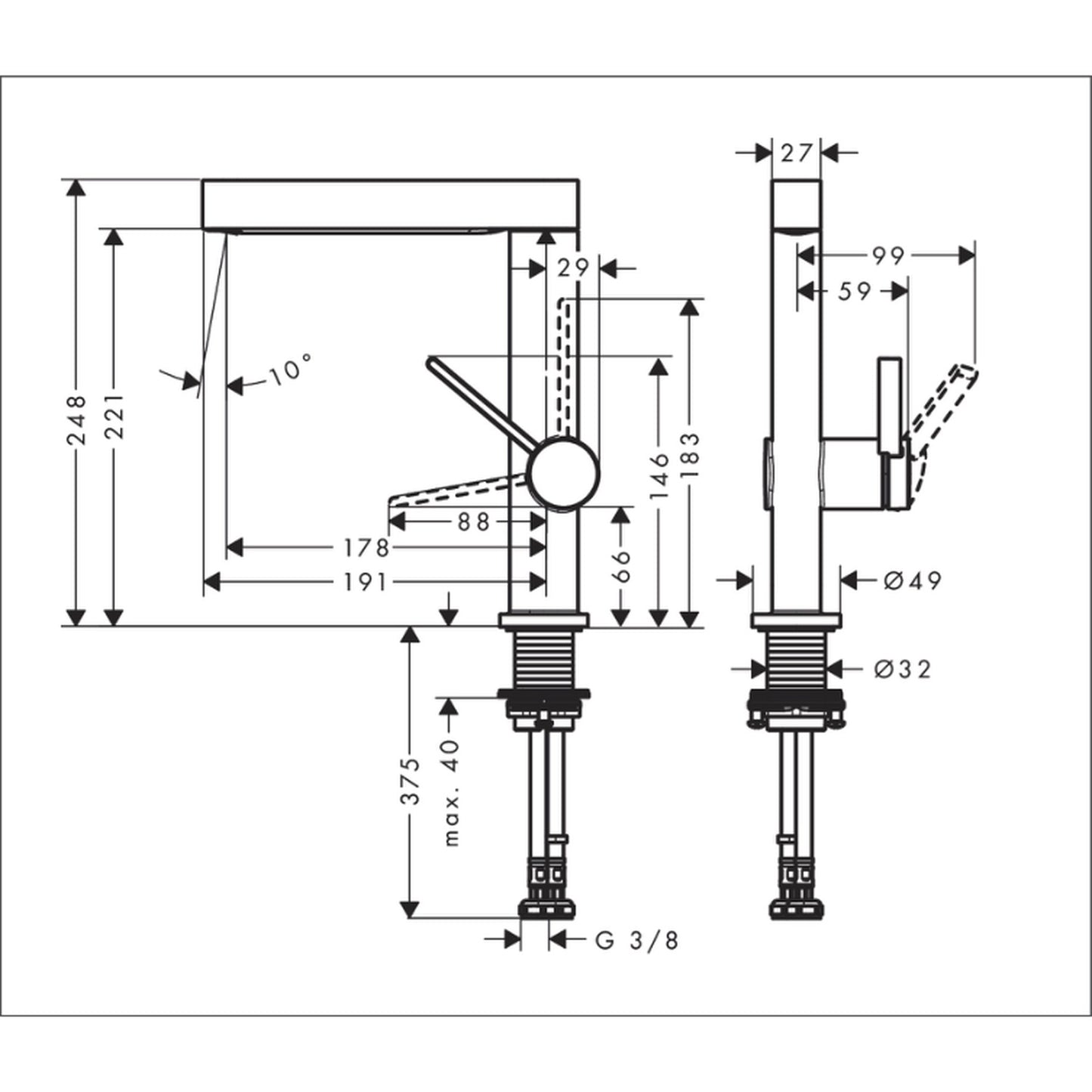 hansgrohe 翡諾偲 Finoris 浴室單把手面盆龍頭 230 Bathroom Single Lever Basin Mixer 230 technical drawing 76060000