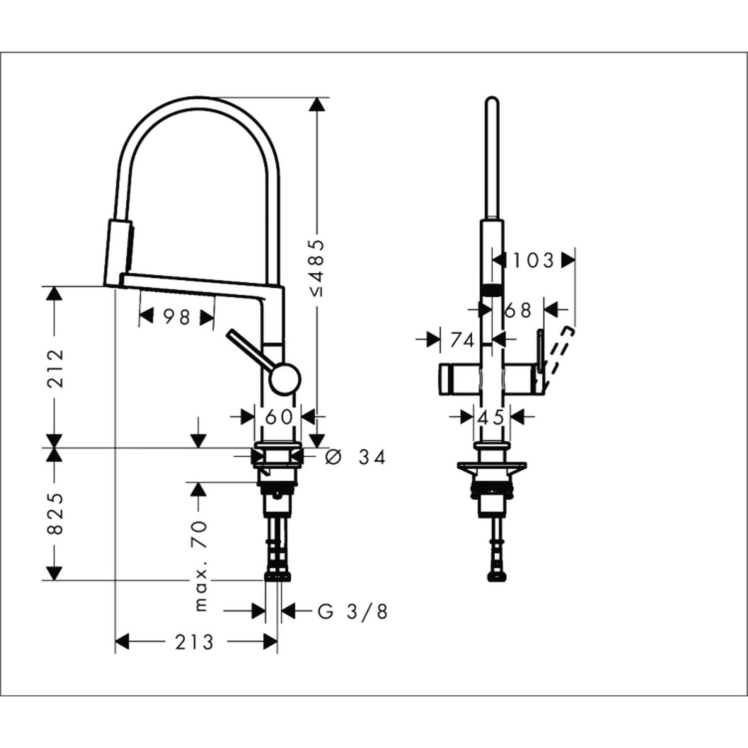 hansgrohe Talis Select M54 單把手廚房龍頭 210 PowderSpray 半專業廚房龍頭 Single Lever Kitchen Mixer 210, PowderSpray, 3jet technical drawing 72861800
